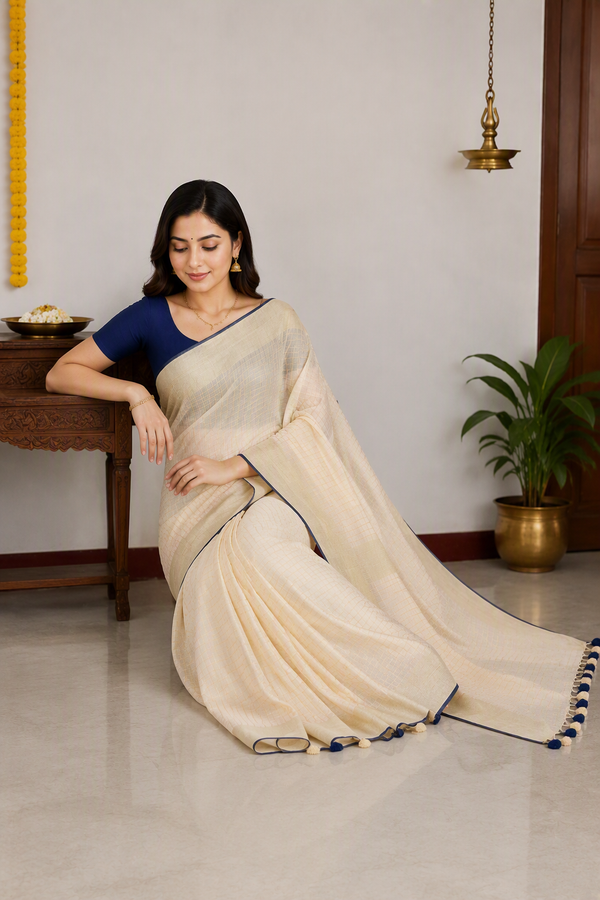 Cream & Navy blue checkered Kerala cotton saree with tassels