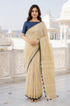 Cream & Navy blue checkered Kerala cotton saree with tassels