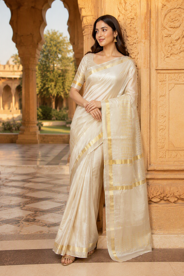 classic golden Kasavu Tissue Silk Kerala saree