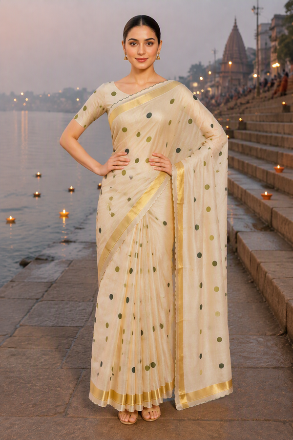 Polka dot Kerala kasavu style Tissue Silk Saree