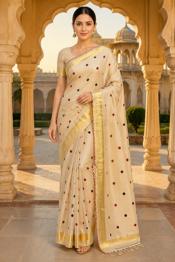 Polka dot Kerala kasavu style Tissue Silk Saree