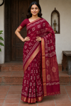 Maroon Batik Print Saree with Gold Zari Border