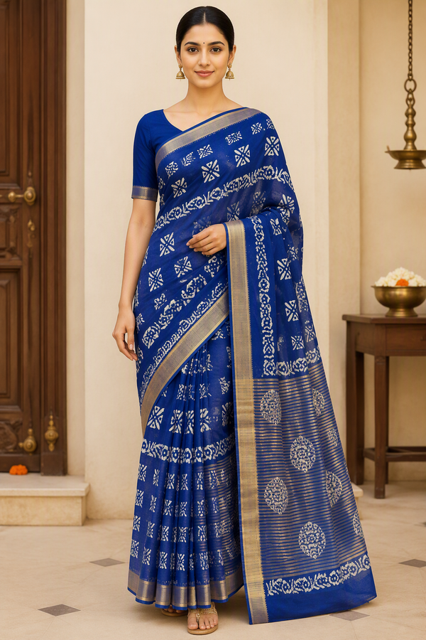 Royal Blue Batik Print Saree with Gold Zari Border
