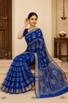 Royal Blue Batik Print Saree with Gold Zari Border