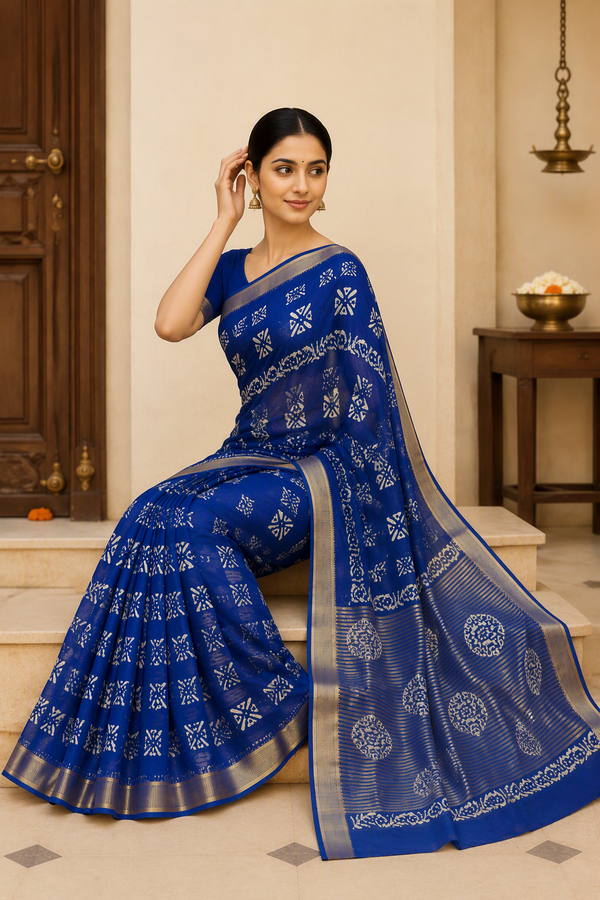 Royal Blue Batik Print Saree with Gold Zari Border