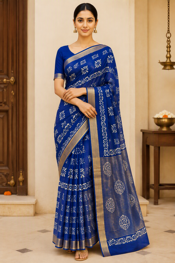 Royal Blue Batik Print Saree with Gold Zari Border