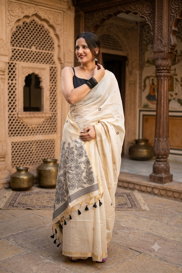 Elegance in Ivory: Floral Printed Tussar Silk