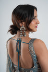 glossy slate-blue and gold-shimmer metallic saree