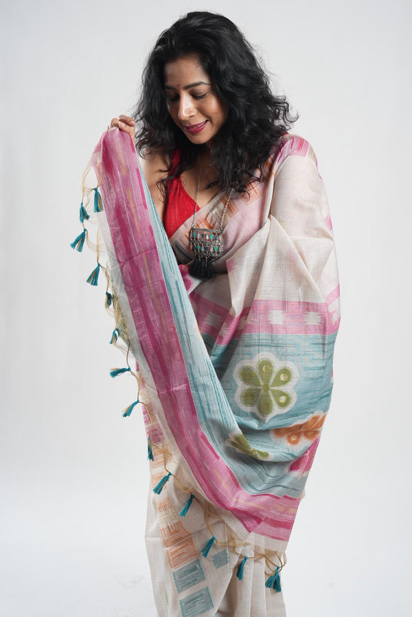 Exclusive Silk Linen Jamdani Saree in Off White