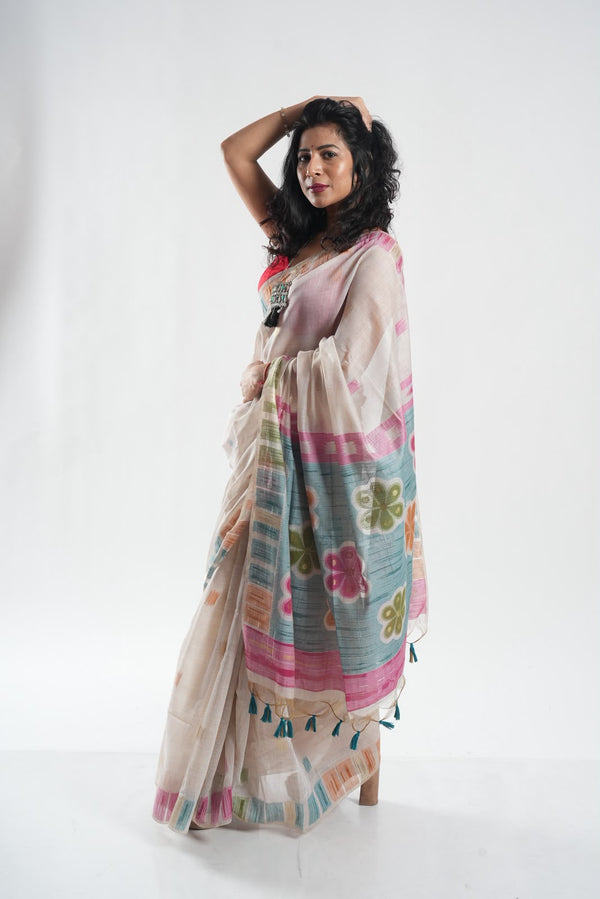 Exclusive Silk Linen Jamdani Saree in Off White