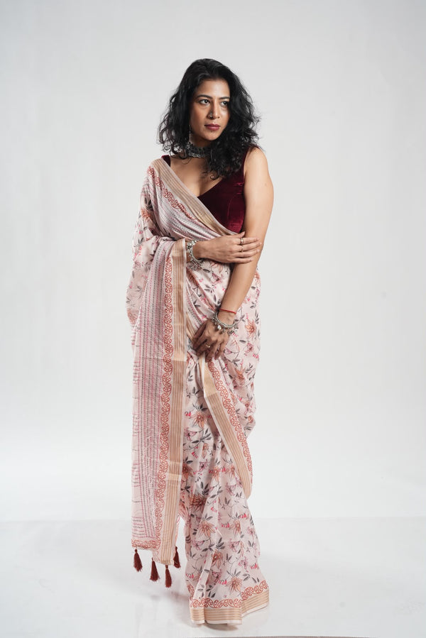 pastel floral blended cotton saree