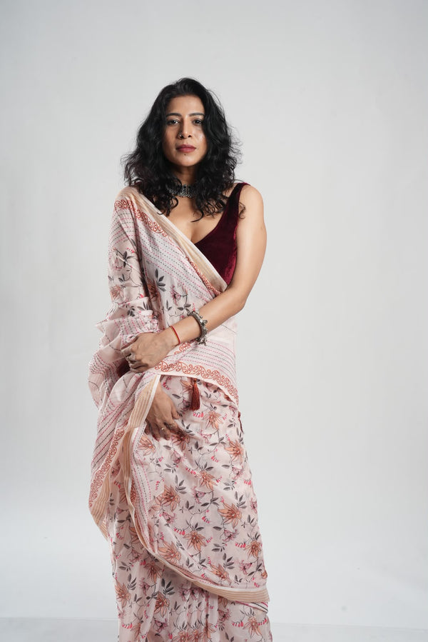 pastel floral blended cotton saree