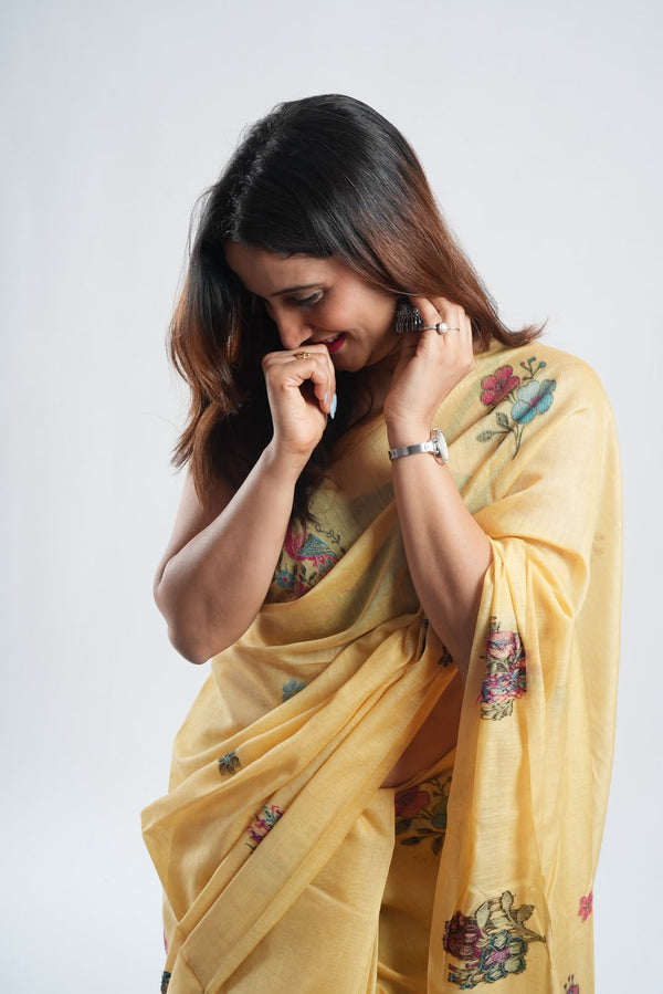 Yellow floral-patterned Tussar Silk