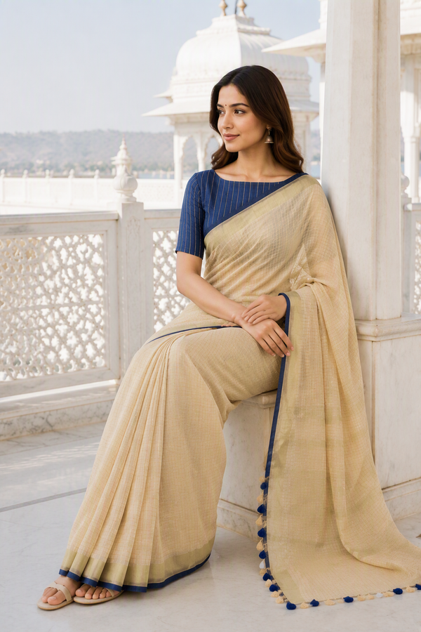 Cream & Navy blue checkered Kerala cotton saree with tassels