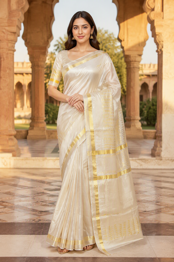 classic golden Kasavu Tissue Silk Kerala saree