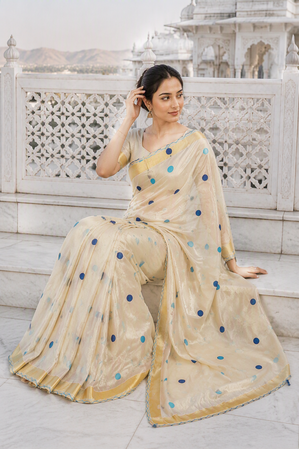 Polka dot Kerala kasavu style Tissue Silk Saree