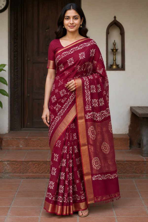 Maroon Batik Print Saree with Gold Zari Border