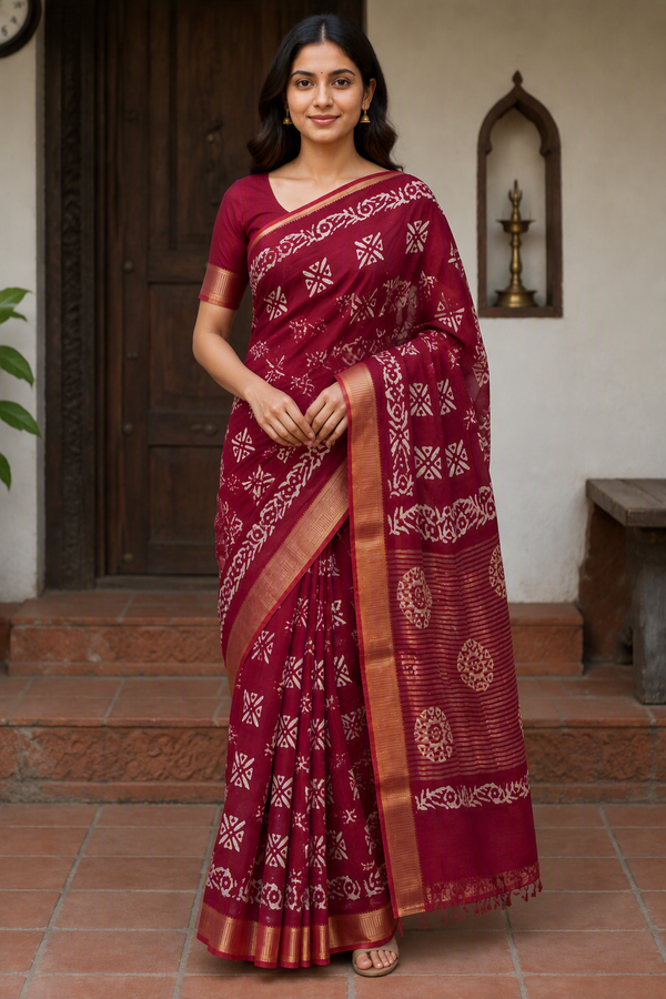 Maroon Batik Print Saree with Gold Zari Border