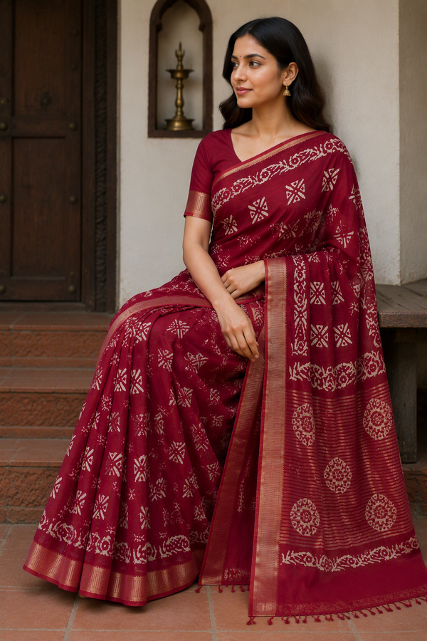 Maroon Batik Print Saree with Gold Zari Border