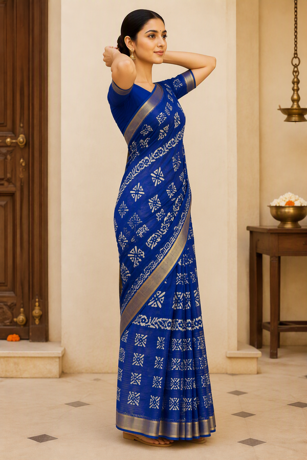 Royal Blue Batik Print Saree with Gold Zari Border