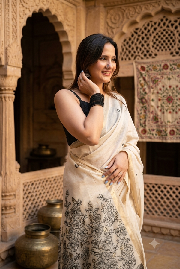 Elegance in Ivory: Floral Printed Tussar Silk