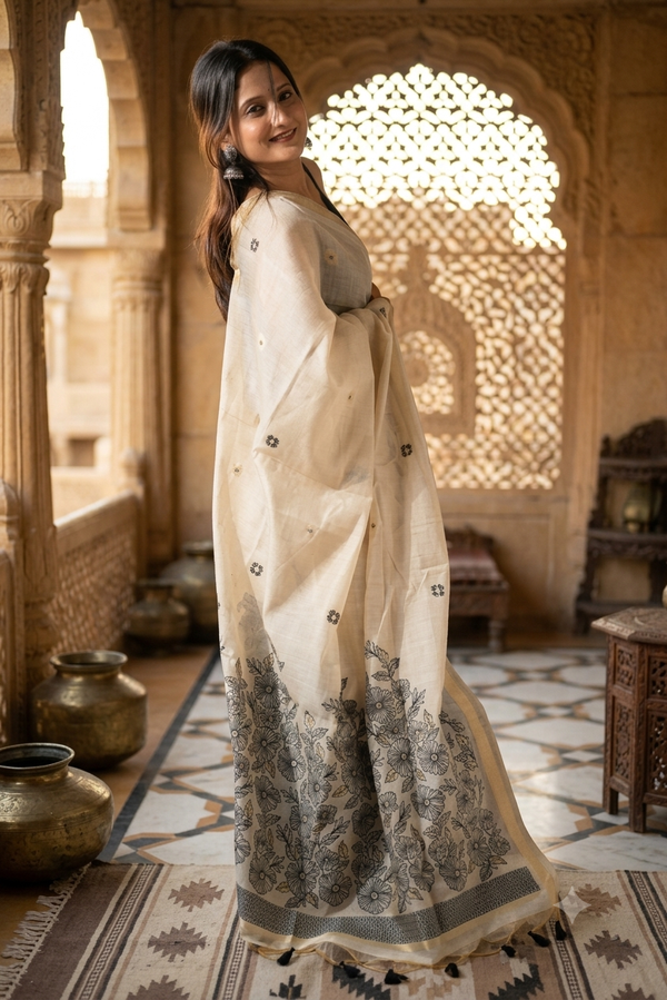 Elegance in Ivory: Floral Printed Tussar Silk