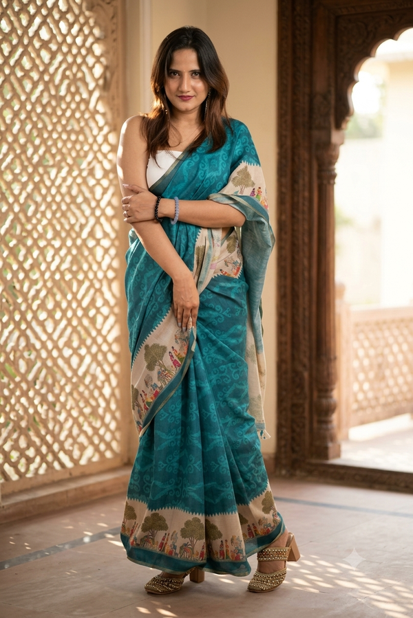 Blue Jute silk Saree