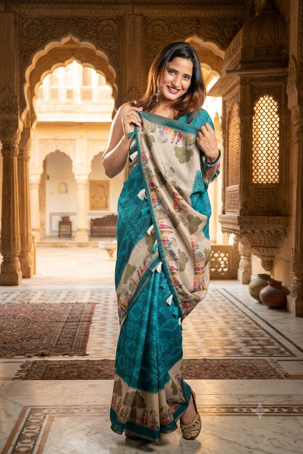 Blue Jute silk Saree