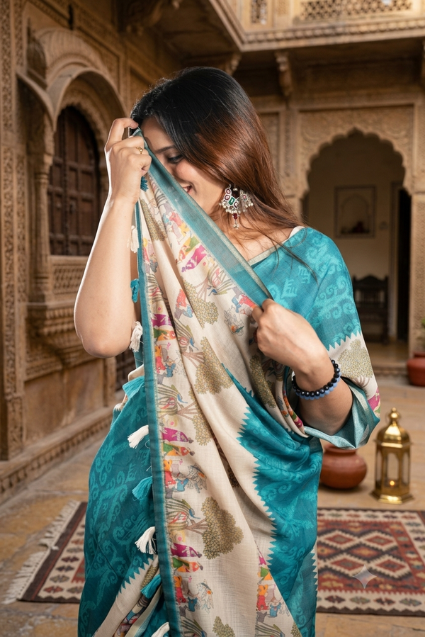 Blue Jute silk Saree