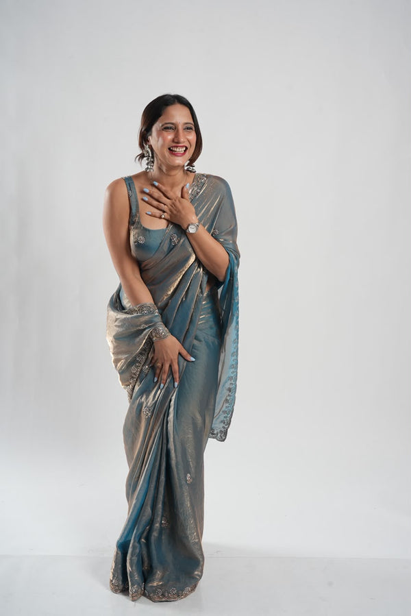 glossy slate-blue and gold-shimmer metallic saree