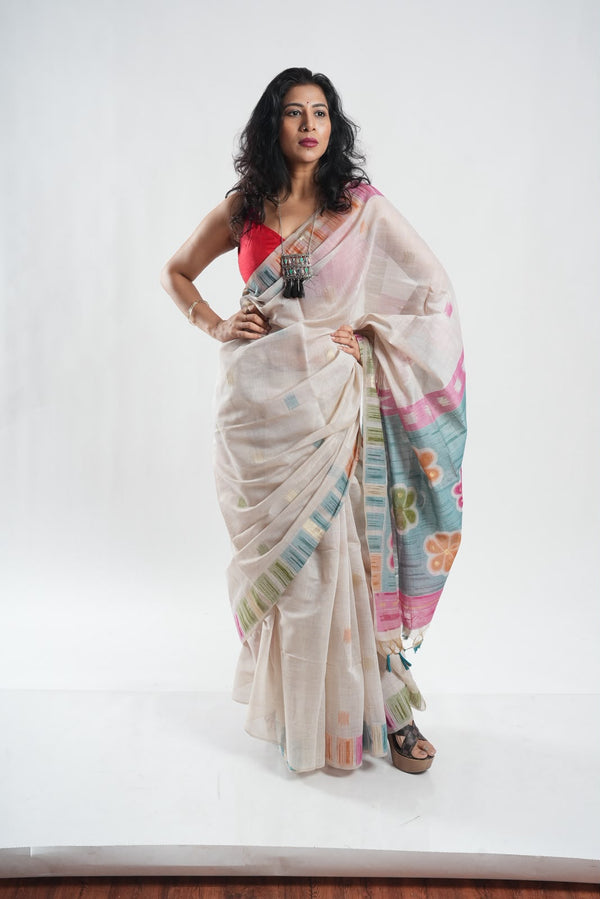 Exclusive Silk Linen Jamdani Saree in Off White