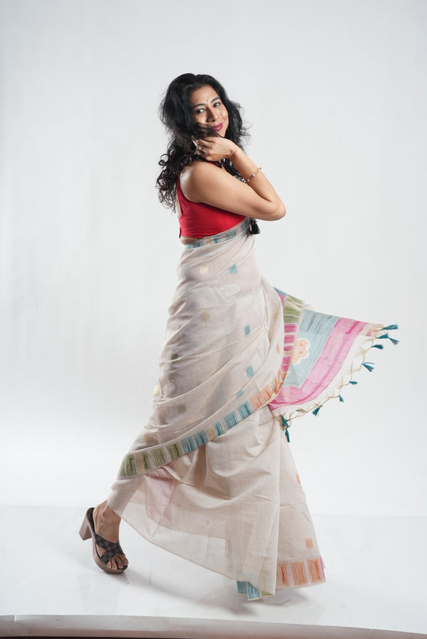 Exclusive Silk Linen Jamdani Saree in Off White