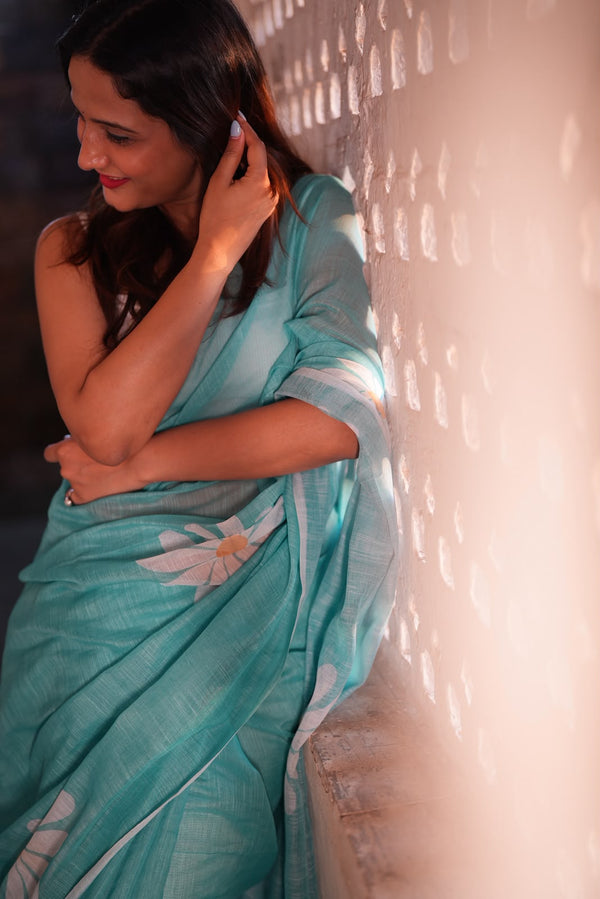 Linen Saree with Lotus Print, Sky Blue Traditional Indian Wear