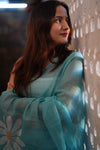 Linen Saree with Lotus Print, Sky Blue Traditional Indian Wear