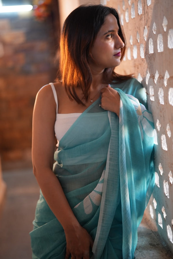 Linen Saree with Lotus Print, Sky Blue Traditional Indian Wear
