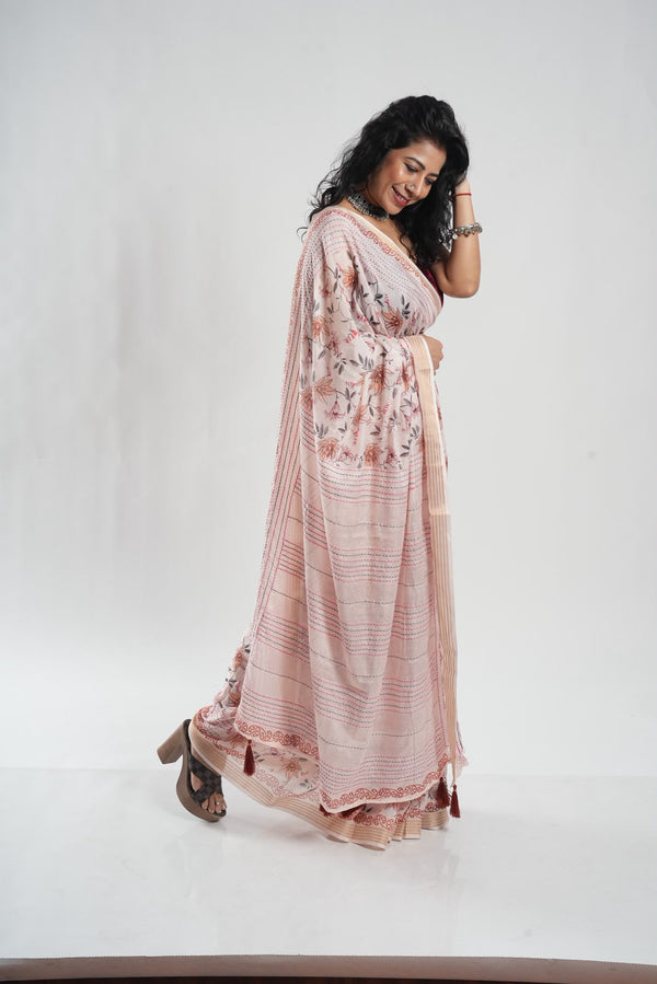 pastel floral blended cotton saree