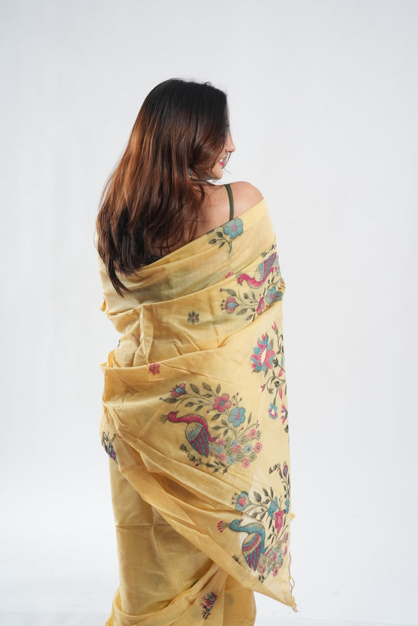 Yellow floral-patterned Tussar Silk